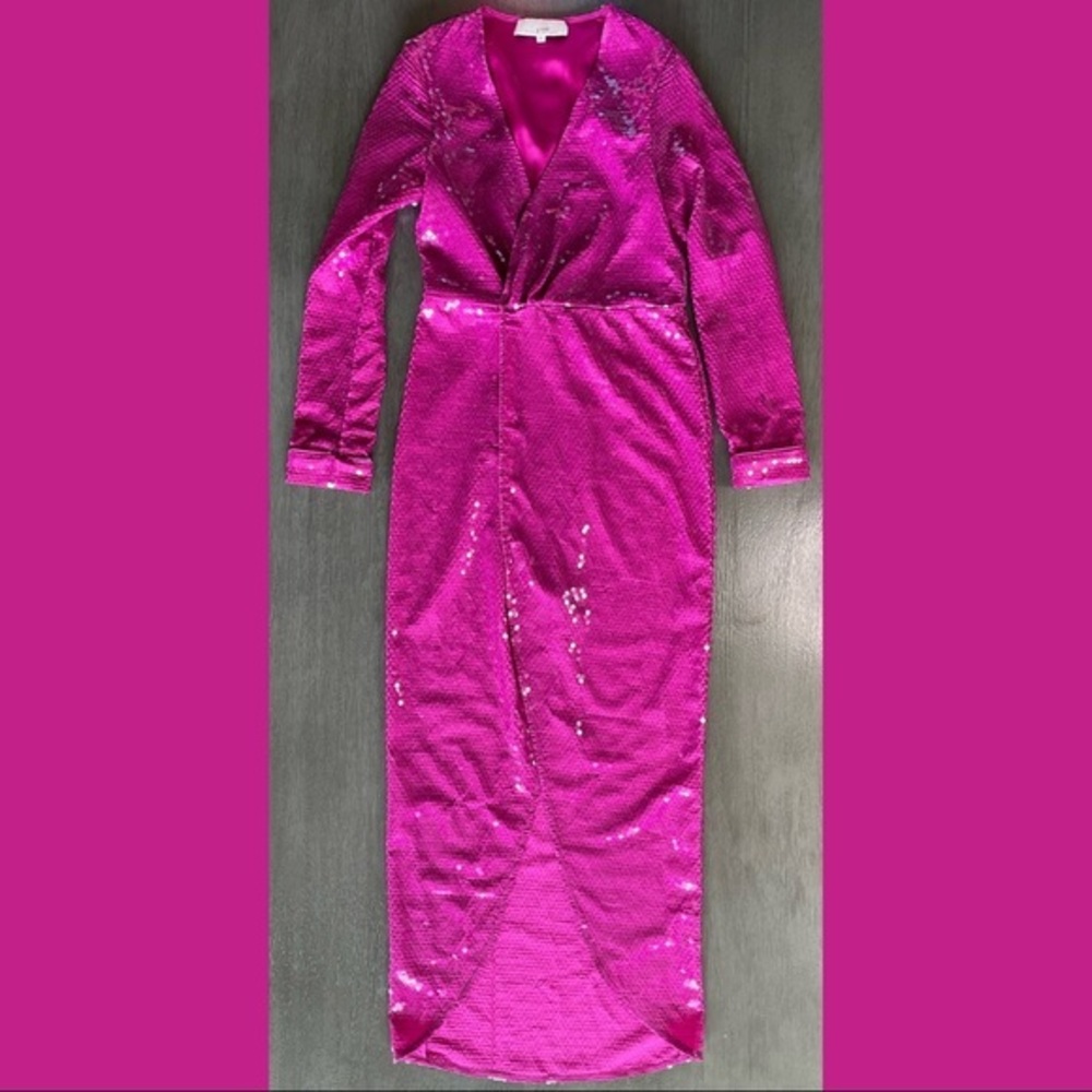 💛 Fleur Du Mal Designer Prom Pink Sequin Wrap Gown With Slit And Long Sleeves - Picture 4 of 15